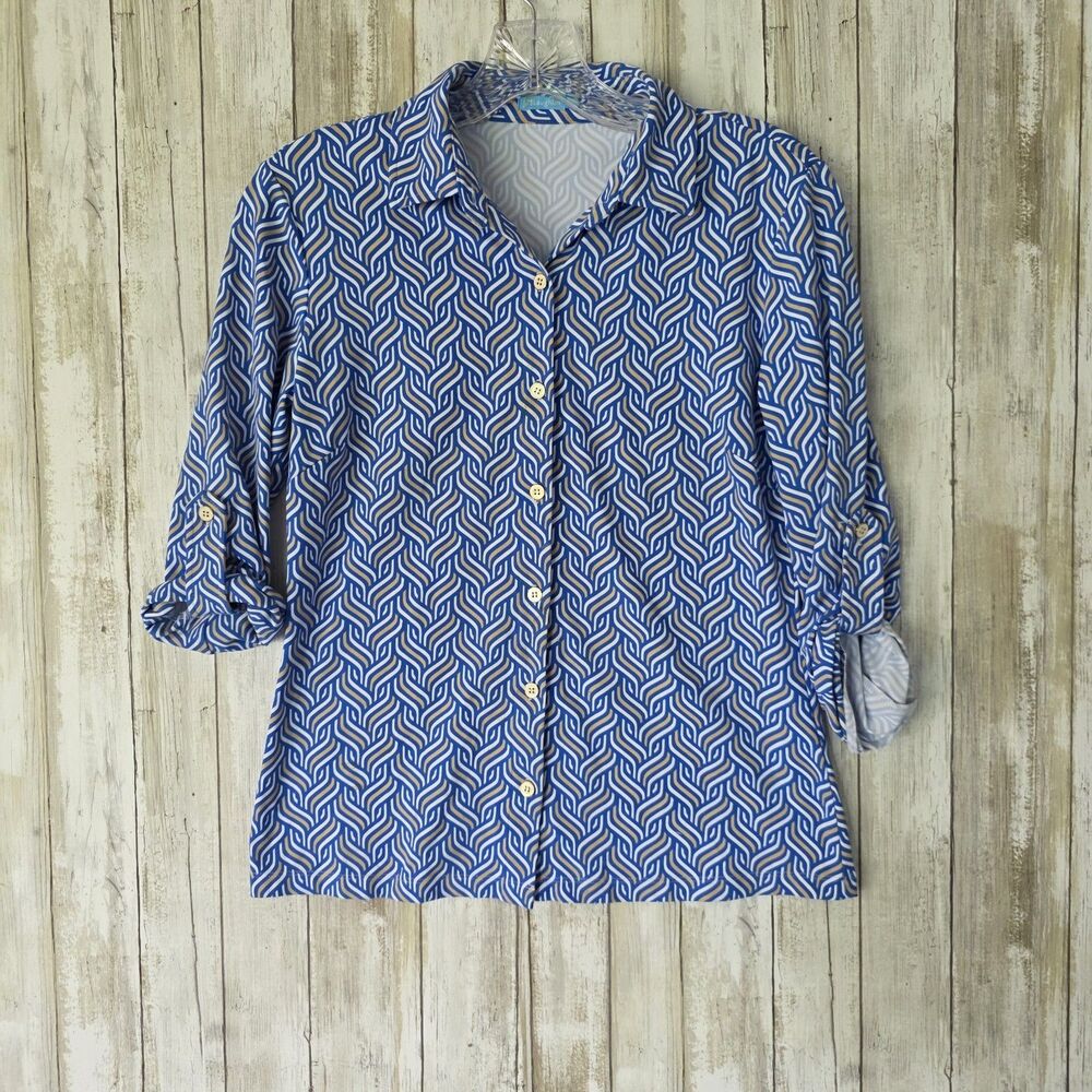 J.mclaughlin Button Up Roll Tab  Blue striped Collard Shirt Xs